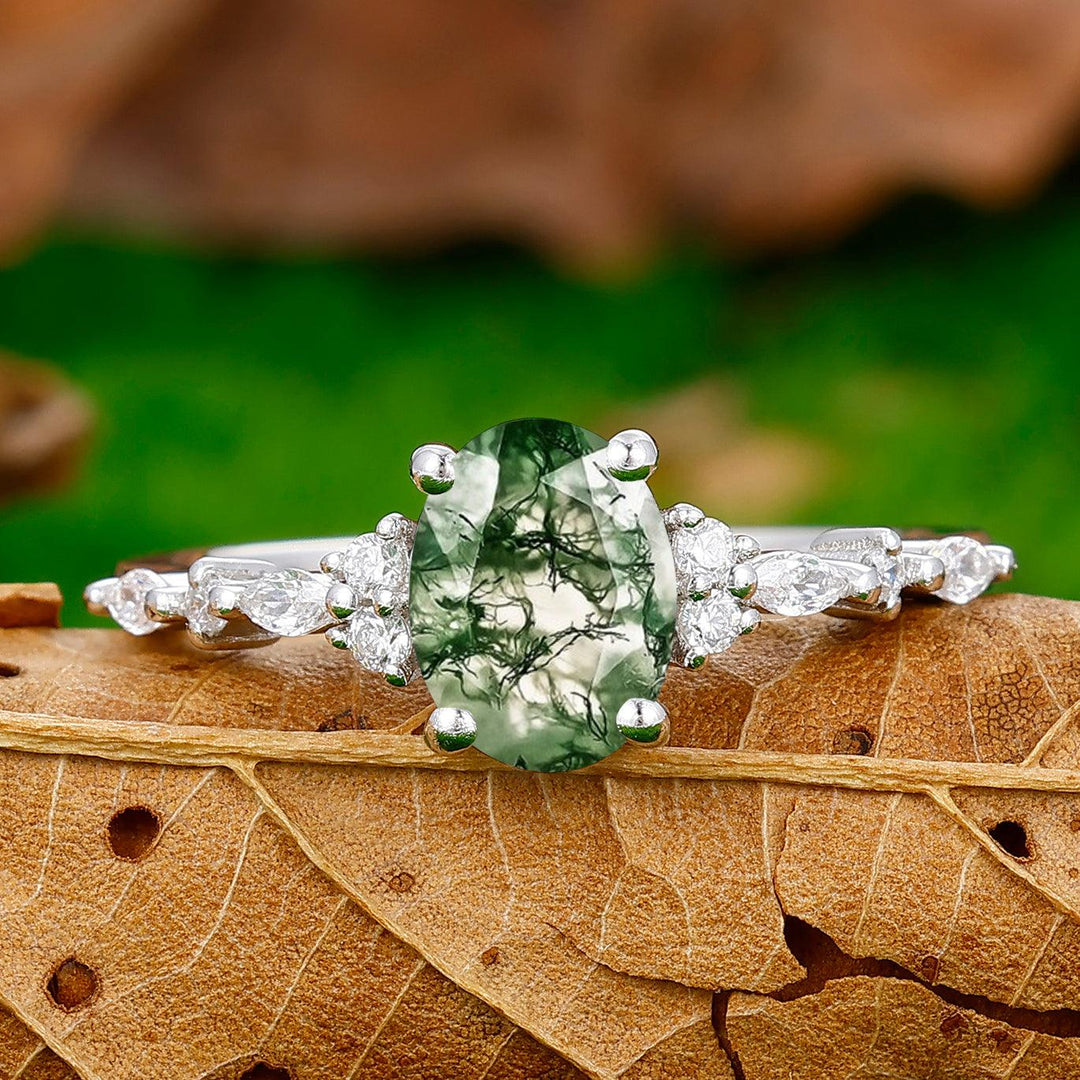 Retro Prong Setting Oval Cut Moss Agate Engagement Ring Women Wedding Ring - Esdomera