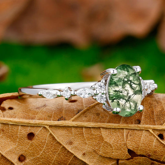 Retro Prong Setting Oval Cut Moss Agate Engagement Ring Women Wedding Ring - Esdomera