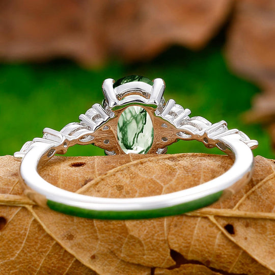 Retro Prong Setting Oval Cut Moss Agate Engagement Ring Women Wedding Ring - Esdomera