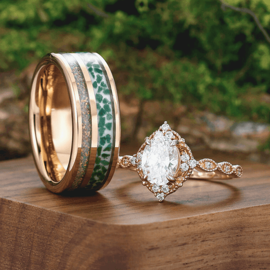 Romantic Halo Moissanite Engagement Promise Couples Ring S925 And Moss Agate Tungsten His And Hers Matching Ring - Esdomera