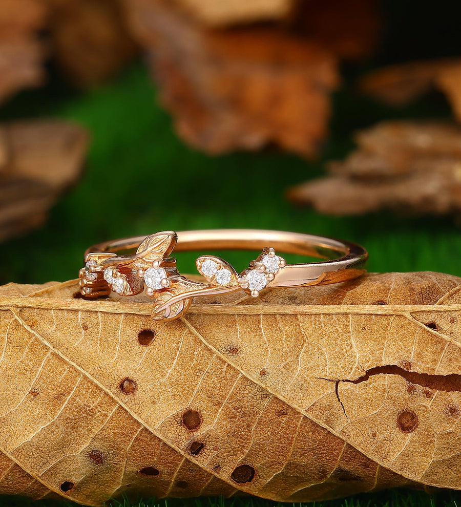 Rose gold curved Vintage Art deco half Eternity leaf style plain antique Stacking wedding band - Esdomera