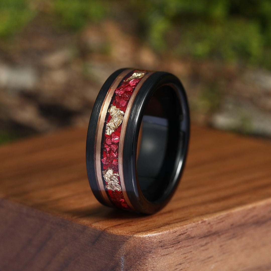 Rose Gold Leaf Ruby Black and Rose Gold Two Tone Mens Wedding Band Unique Gemstone Crushed Red Ruby Brushed Black Tungsten Ring - Esdomera