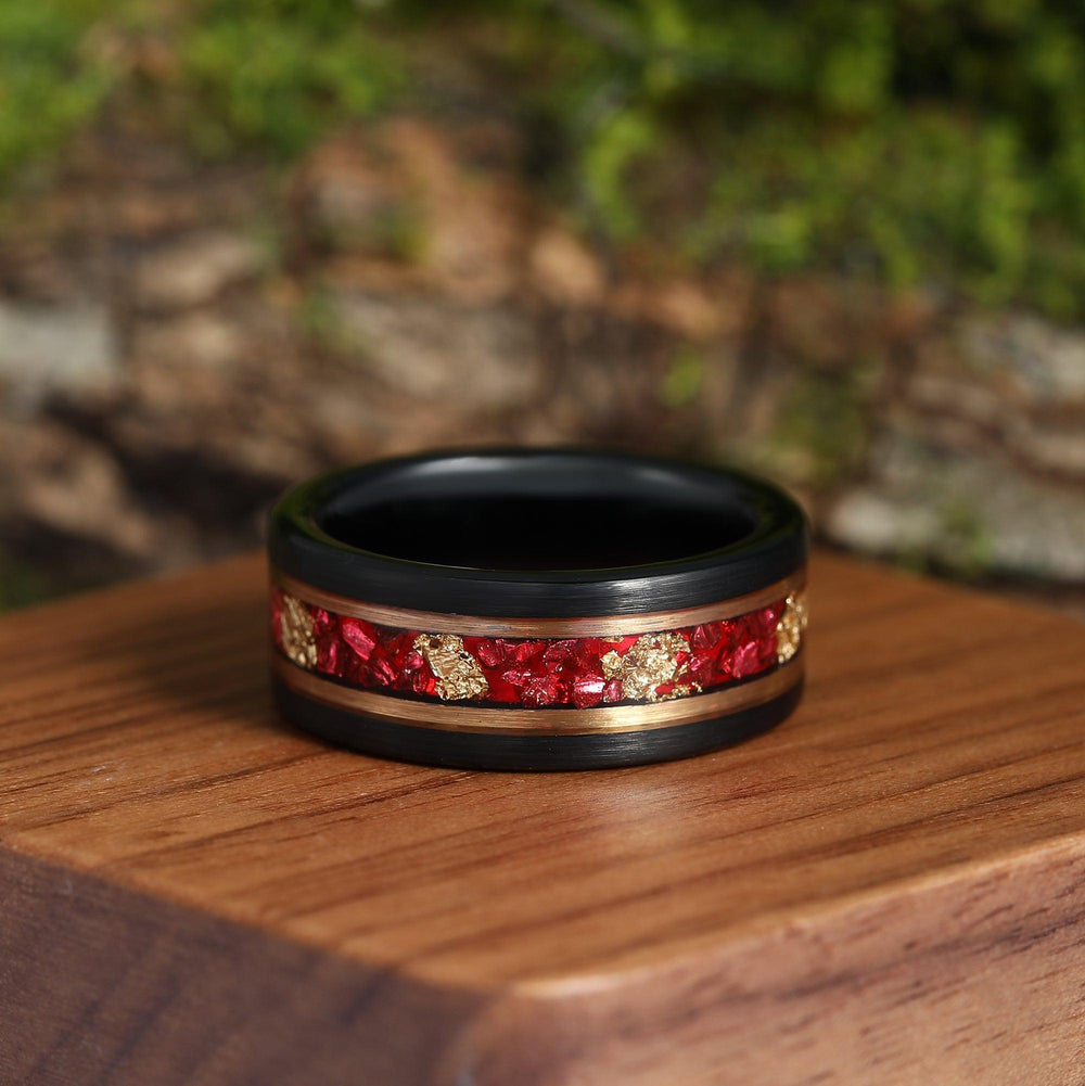 Rose Gold Leaf Ruby Black and Rose Gold Two Tone Mens Wedding Band Unique Gemstone Crushed Red Ruby Brushed Black Tungsten Ring - Esdomera
