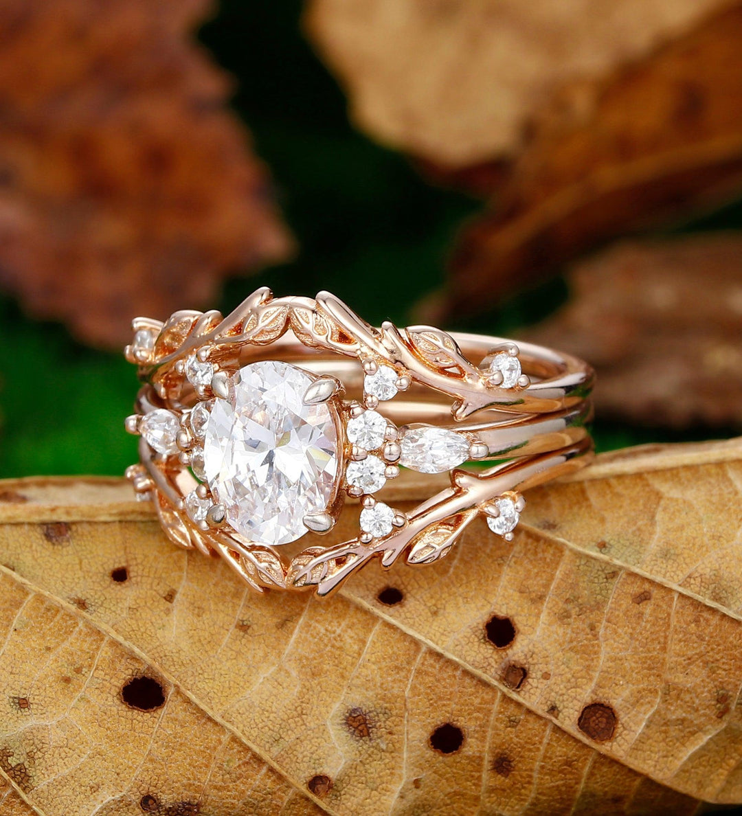 Rose Gold Oval Shaped Nature Inspired Leaf Branch Band Moissanite Wedding Ring Set - Esdomera