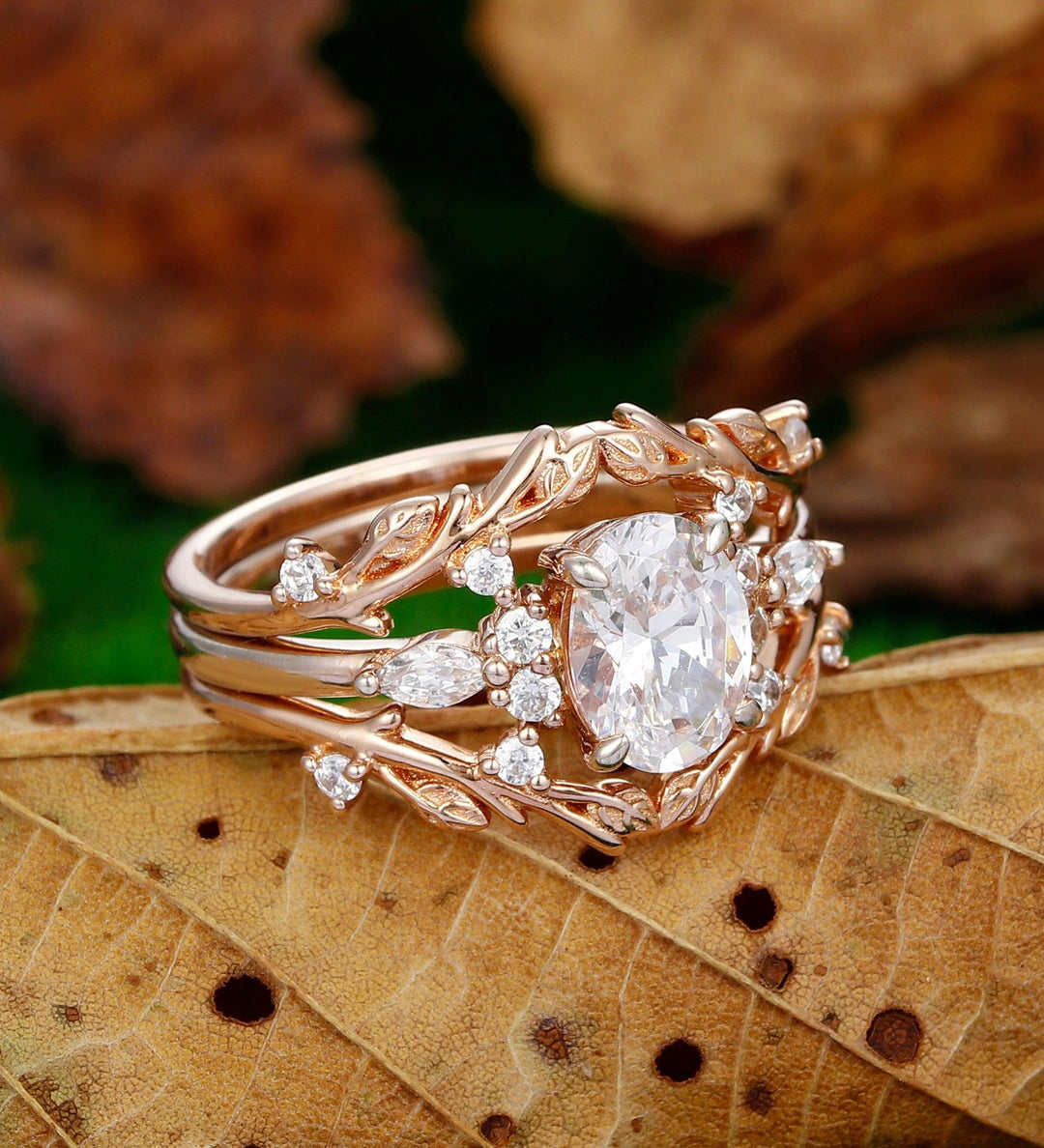 Rose Gold Oval Shaped Nature Inspired Leaf Branch Band Moissanite Wedding Ring Set - Esdomera