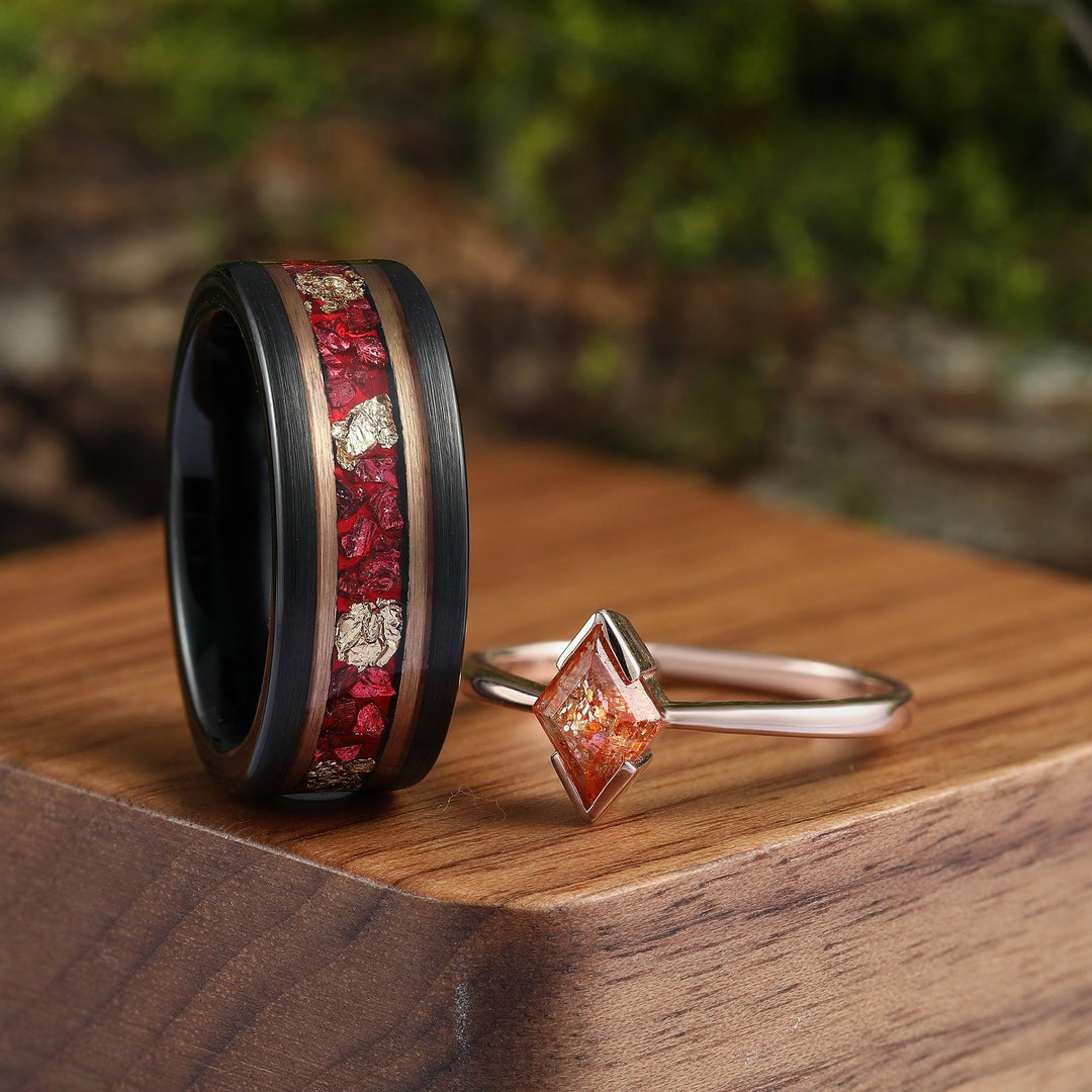 Rose Gold Ruby Leaf Couples Ring Set His and Hers Matching Wedding Band Sunstone Ruby & Black Tungsten Vermeil Couples Promise Ring - Esdomera