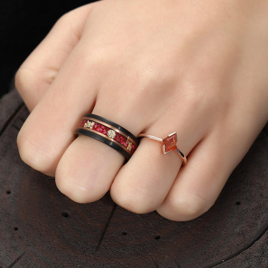 Rose Gold Ruby Leaf Couples Ring Set His and Hers Matching Wedding Band Sunstone Ruby & Black Tungsten Vermeil Couples Promise Ring - Esdomera