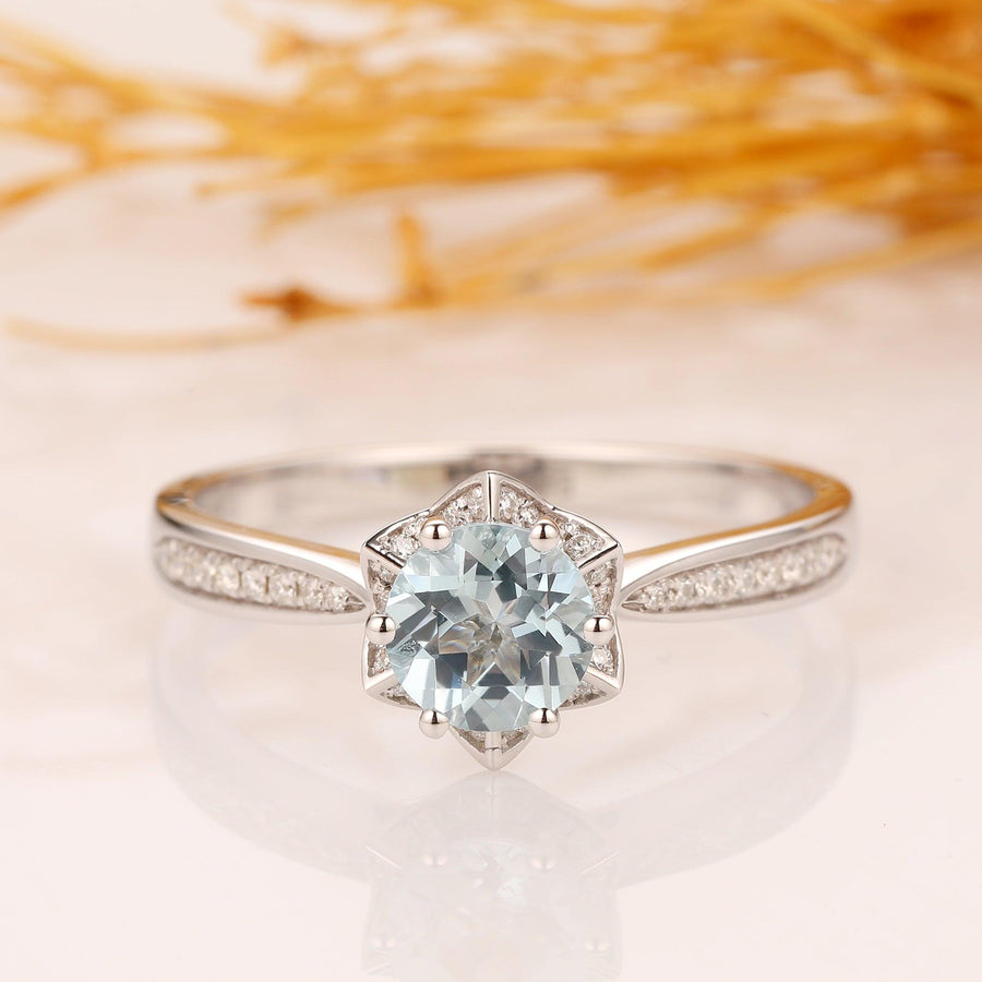 Round 1CT Aquamarine Ring, 14k White Gold Engagement Wedding Ring - Esdomera