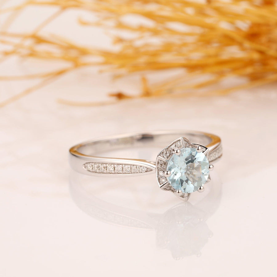 Round 1CT Aquamarine Ring, 14k White Gold Engagement Wedding Ring - Esdomera