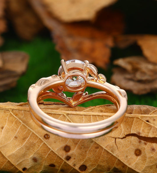 Round Cut 1.25 Moissanite Ring 14k Rose Gold Unique Bridal Wedding Ring Set - Esdomera