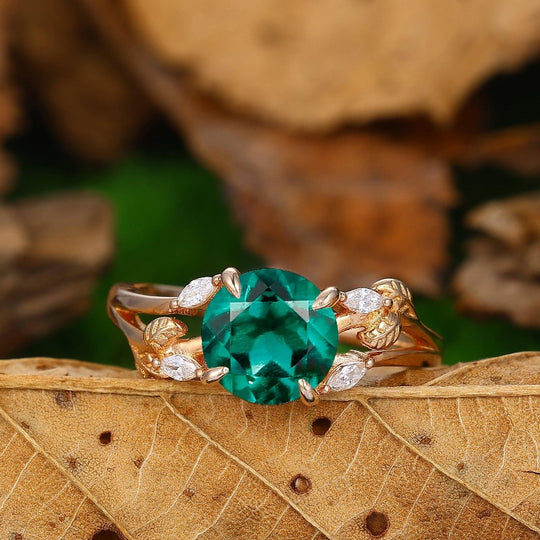 Round Cut 2.0Carat Emerald Engagement Ring Nature Inspired Leaf Twigs Design Ring 14k Soild Gold - Esdomera