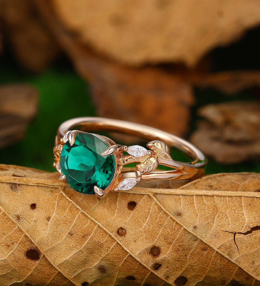 Round Cut 2.0Carat Emerald Engagement Ring Nature Inspired Leaf Twigs Design Ring 14k Soild Gold - Esdomera