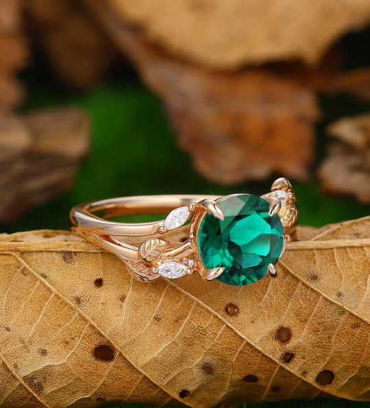 Round Cut 2.0Carat Emerald Engagement Ring Nature Inspired Leaf Twigs Design Ring 14k Soild Gold - Esdomera