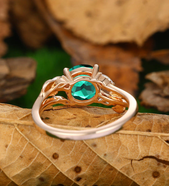 Round Cut 2.0Carat Emerald Engagement Ring Nature Inspired Leaf Twigs Design Ring 14k Soild Gold - Esdomera