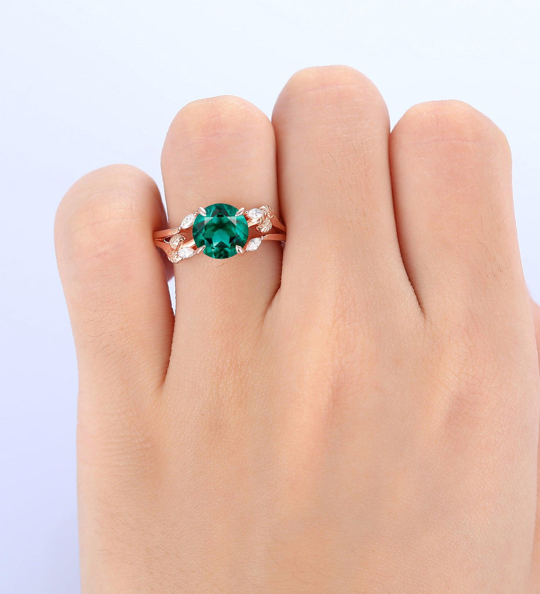 Round Cut 2.0Carat Emerald Engagement Ring Nature Inspired Leaf Twigs Design Ring 14k Soild Gold - Esdomera