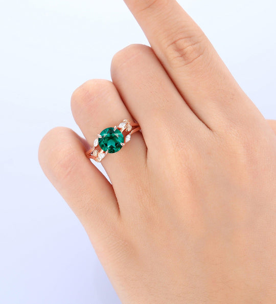 Round Cut 2.0Carat Emerald Engagement Ring Nature Inspired Leaf Twigs Design Ring 14k Soild Gold - Esdomera