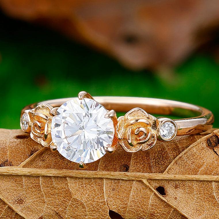 Round Cut Lab Grown Diamond Engagement Ring Two Rose Shapes 14k