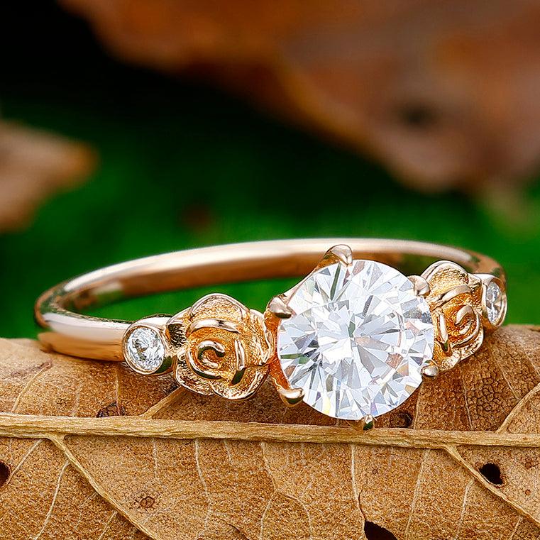 Round Cut Lab Grown Diamond Engagement Ring Two Rose Shapes 14k Gold Ring - Esdomera