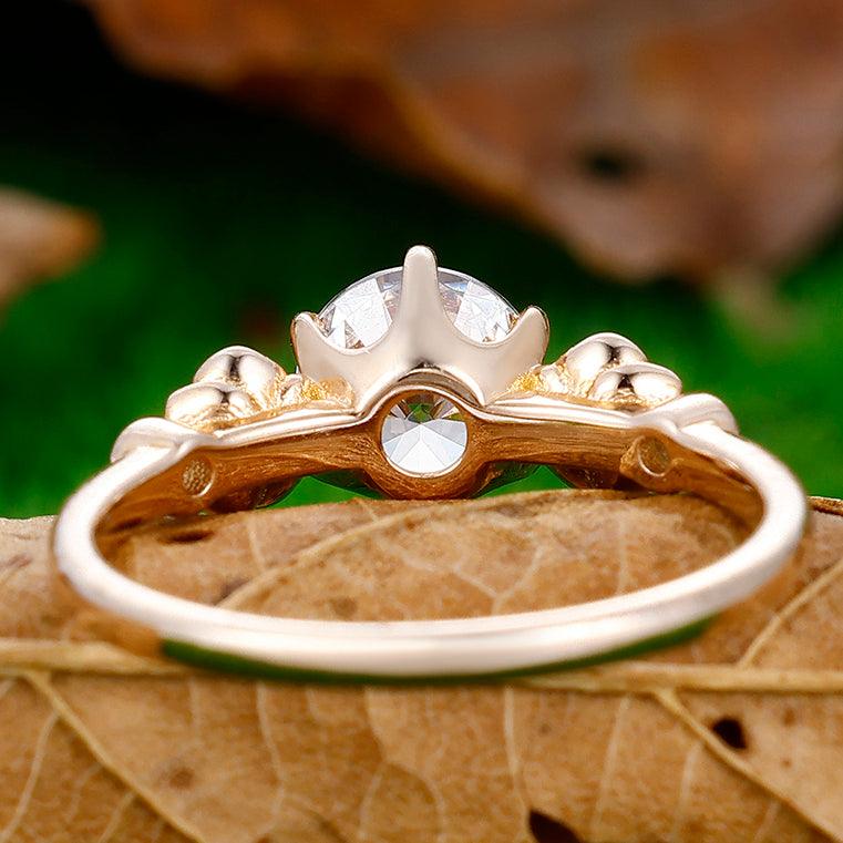 Round Cut Lab Grown Diamond Engagement Ring Two Rose Shapes 14k