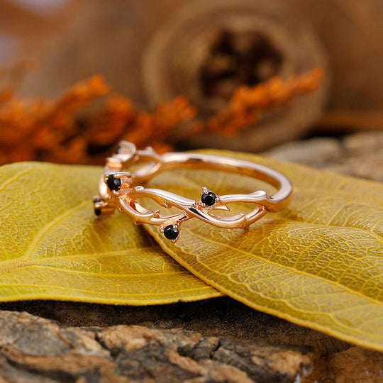 Round Cut Natural Black Spinel Engagement Band, Leaf Vine Shaped Ring, Art Deco Bridal Ring - Esdomera