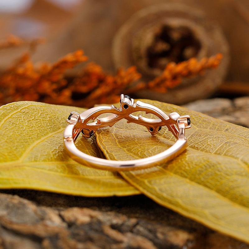 Round Cut Natural Black Spinel Engagement Band, Leaf Vine Shaped Ring, Art Deco Bridal Ring - Esdomera
