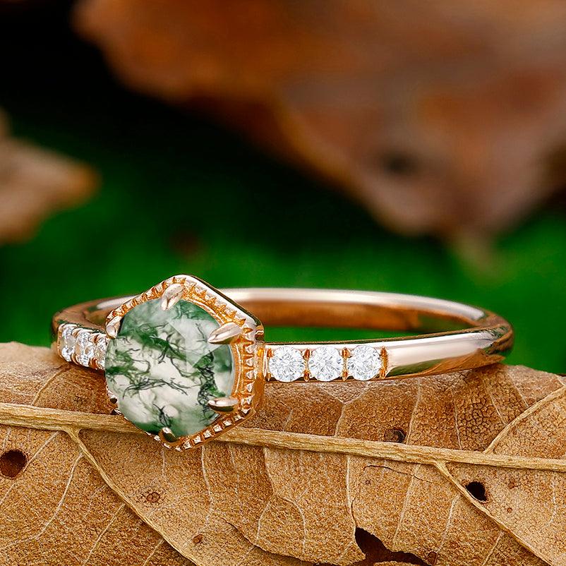 Round Cut Natural Moss Agate Engagement Ring Moissanite Inlaid Wedding Anniversary Ring - Esdomera