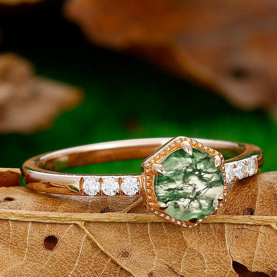 Round Cut Natural Moss Agate Engagement Ring Moissanite Inlaid Wedding Anniversary Ring - Esdomera