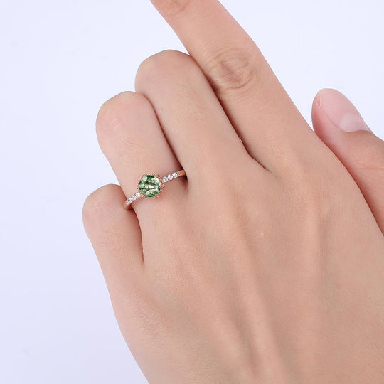 Round Cut Natural Moss Agate Engagement Ring Moissanite Inlaid Wedding Anniversary Ring - Esdomera