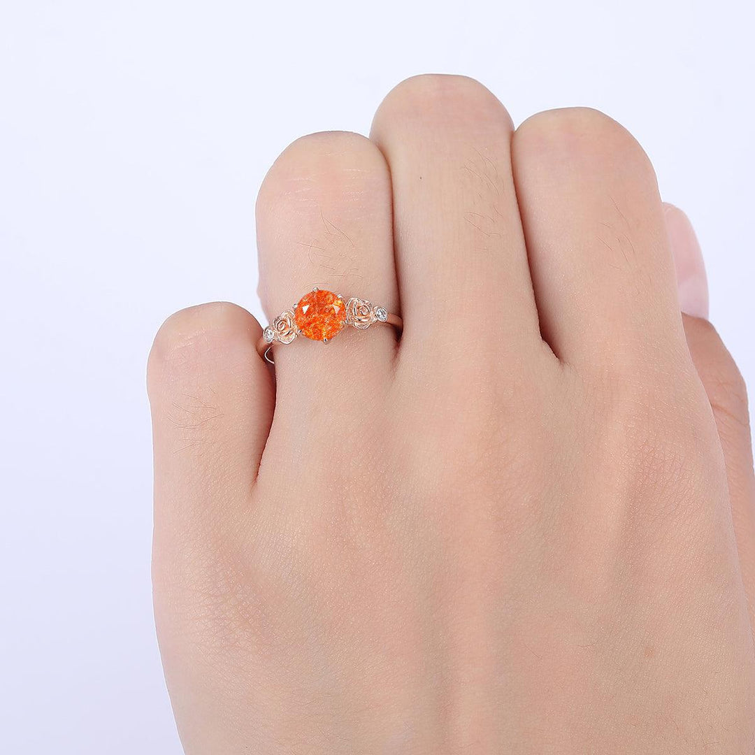 Round Cut Natural Sunstone Engagement Ring Rose Shape Bridal Ring - Esdomera