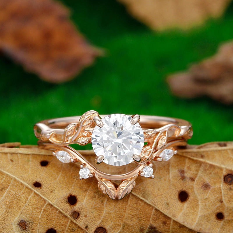 Round Shaped 1.25CT Moissanite 14k Rose Gold Nature Inspired Leaf Twig Wedding Ring - Esdomera