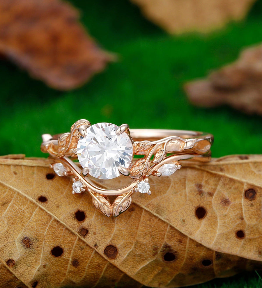 Round Shaped 1.25CT Moissanite 14k Rose Gold Nature Inspired Leaf Twig Wedding Ring - Esdomera