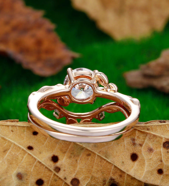 Round Shaped 1.25CT Moissanite 14k Rose Gold Nature Inspired Leaf Twig Wedding Ring - Esdomera