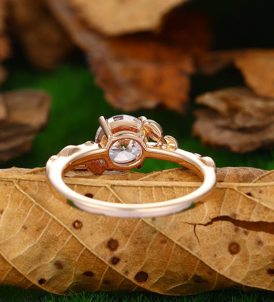 Round Shaped 1.25CT Moissanite Ring Solid 14k Rose Gold Leaf Vine Dainty Jewelry - Esdomera