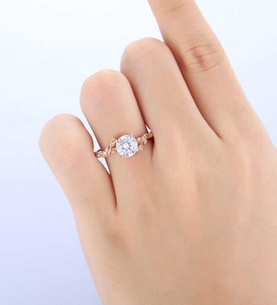Round Shaped 1.25CT Moissanite Ring Solid 14k Rose Gold Leaf Vine Dainty Jewelry - Esdomera