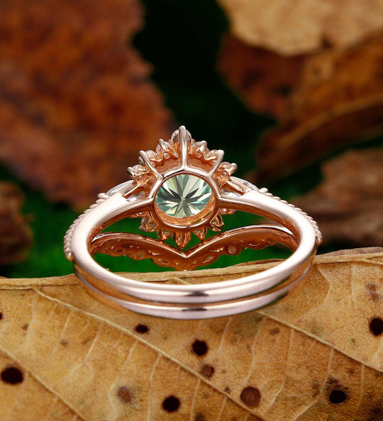 Round Shaped Teal Halo Moissanite Curved Wedding Band Moissanite Engagement Ring Set - Esdomera