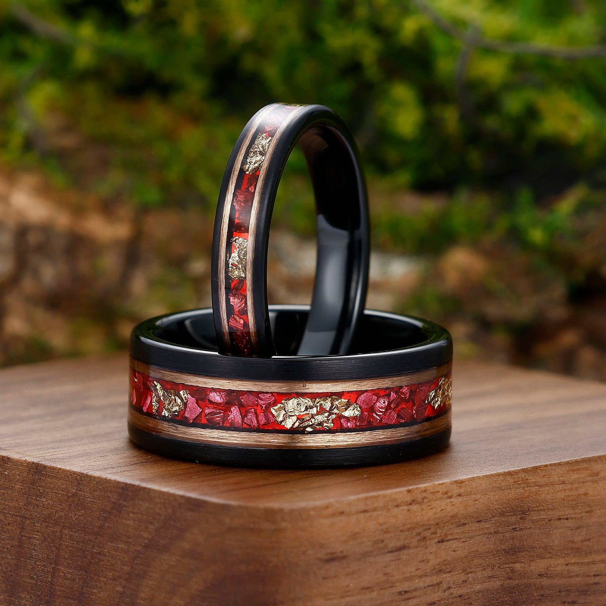 Ruby Gold Foil Inlay Tungsten Couples Ring Set 8mm 4mm Rose Gold