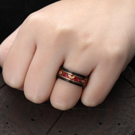 Ruby Gold Foil Tungsten Wedding Ring 8mm Black and Rose Gold Men’ s Unisex Ring - Esdomera