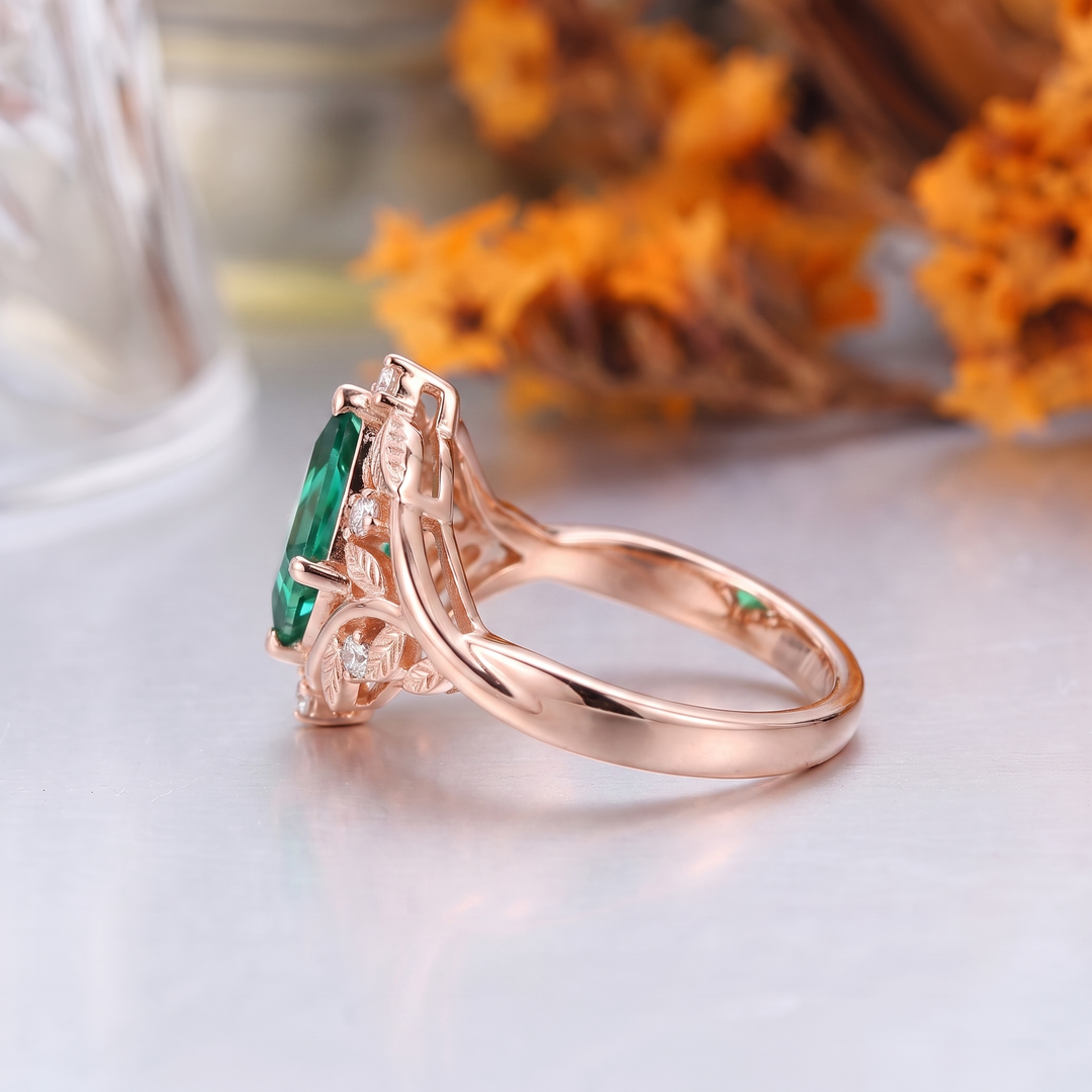 Emerald Cut Lab Grown Emerald Leaf Engagement Ring, 18K Solid Gold