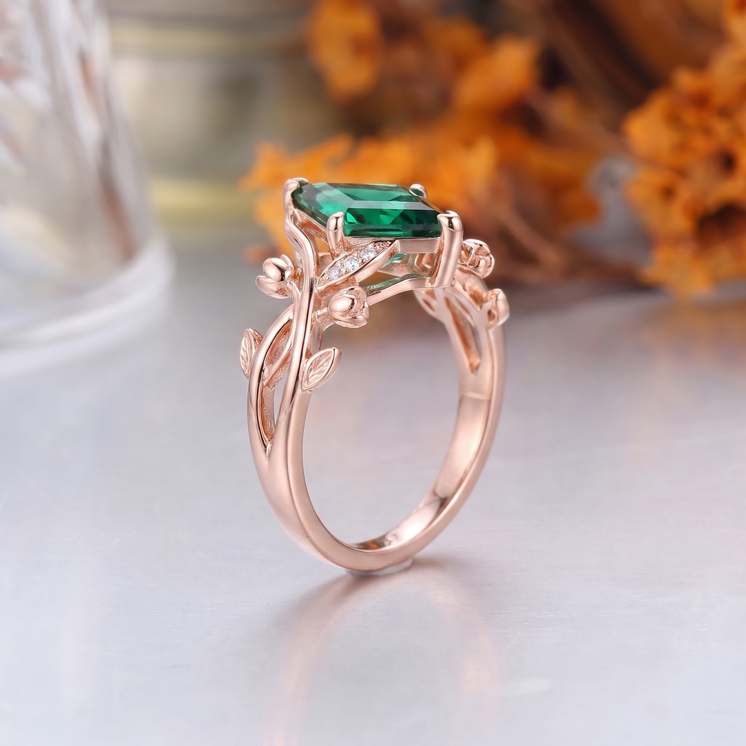 Kite Cut Lab Grown Emerald Leaf Engagement Ring, 18K Solid Gold
