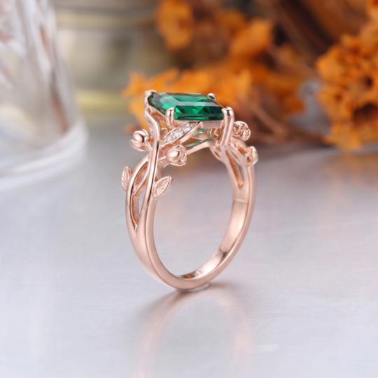Kite Cut Lab Grown Emerald Leaf Engagement Ring, 18K Solid Gold