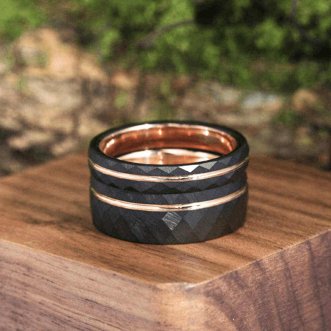 Simple 8mm/4mm Black Grooved Rhombic Rose Gold Tungsten His and Hers bridal sets - Esdomera