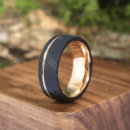 Simple 8mm/4mm Black Grooved Rhombic Rose Gold Tungsten His and Hers bridal sets - Esdomera