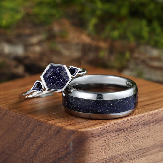 Skye Blue Sandstone Couples Ring Set His and Hers Great Rift Nebula Sterling Silver Wedding Band - Esdomera