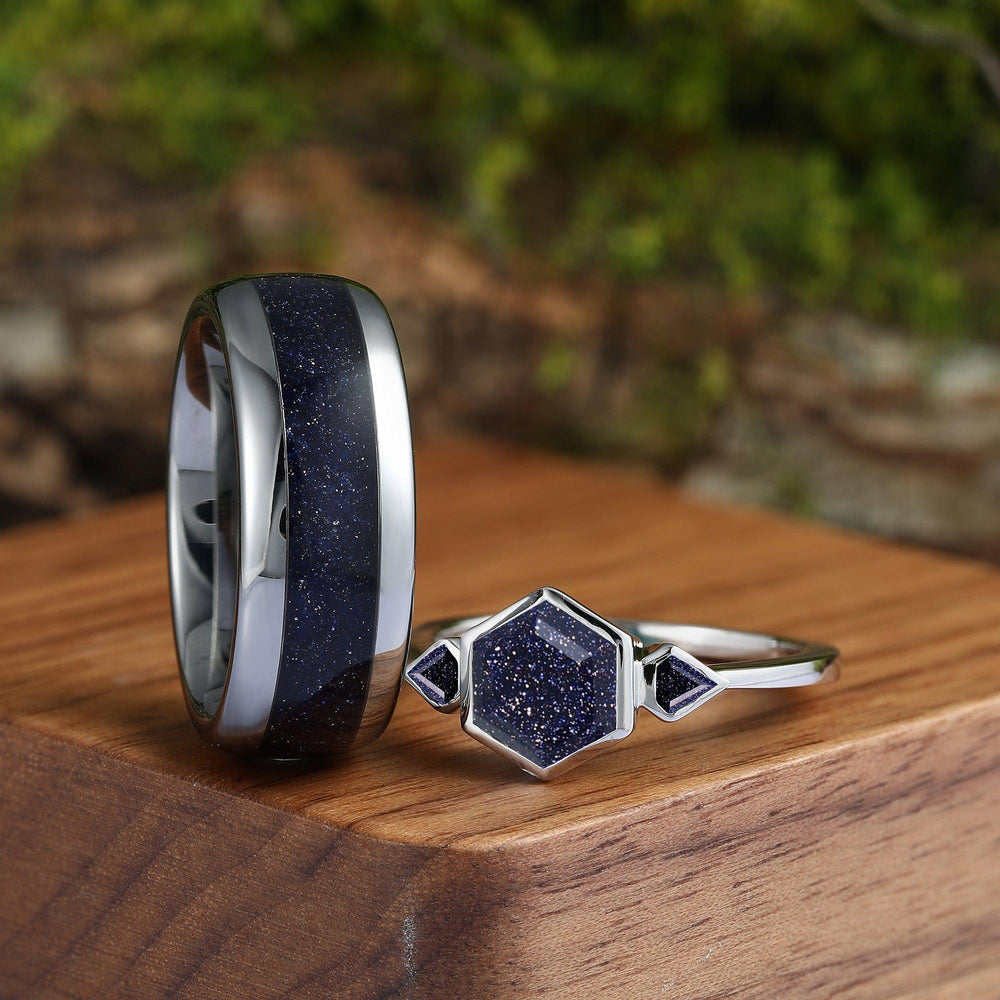 Skye Blue Sandstone Couples Ring Set His and Hers Great Rift Nebula Sterling Silver Wedding Band - Esdomera