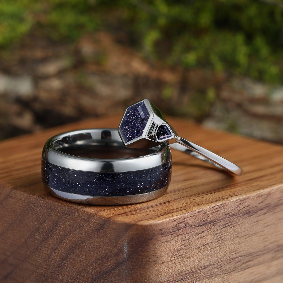 Skye Blue Sandstone Couples Ring Set His and Hers Great Rift Nebula Sterling Silver Wedding Band - Esdomera