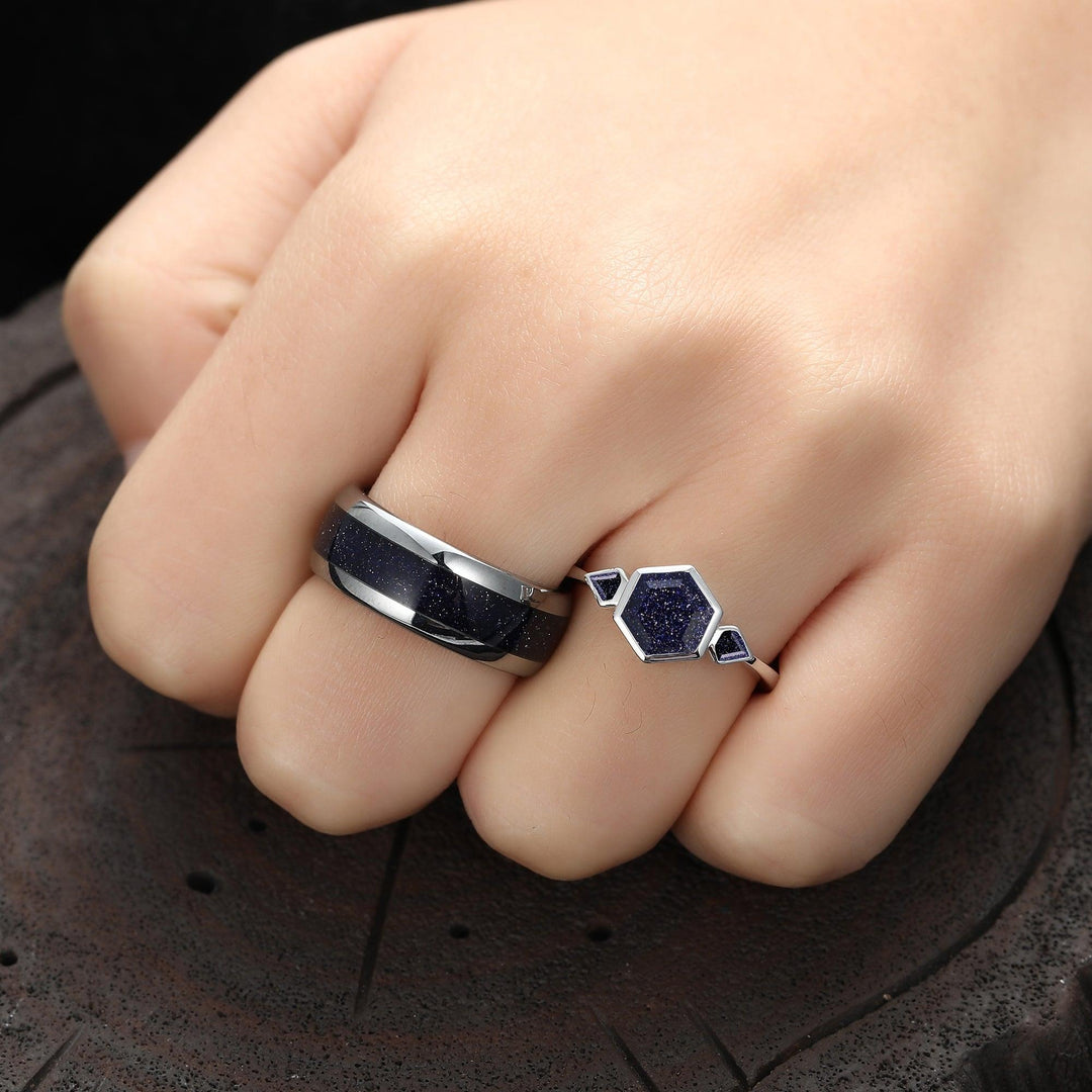 Skye Blue Sandstone Couples Ring Set His and Hers Great Rift Nebula Sterling Silver Wedding Band - Esdomera