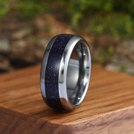 Skye Blue Sandstone Couples Ring Set His and Hers Great Rift Nebula Sterling Silver Wedding Band - Esdomera