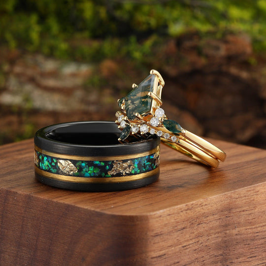 Skye Green Moss Agate His and Hers Wedding Band Unique Tungsten Couples Ring Set - Esdomera