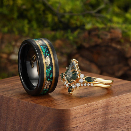 Skye Green Moss Agate His and Hers Wedding Band Unique Tungsten Couples Ring Set - Esdomera