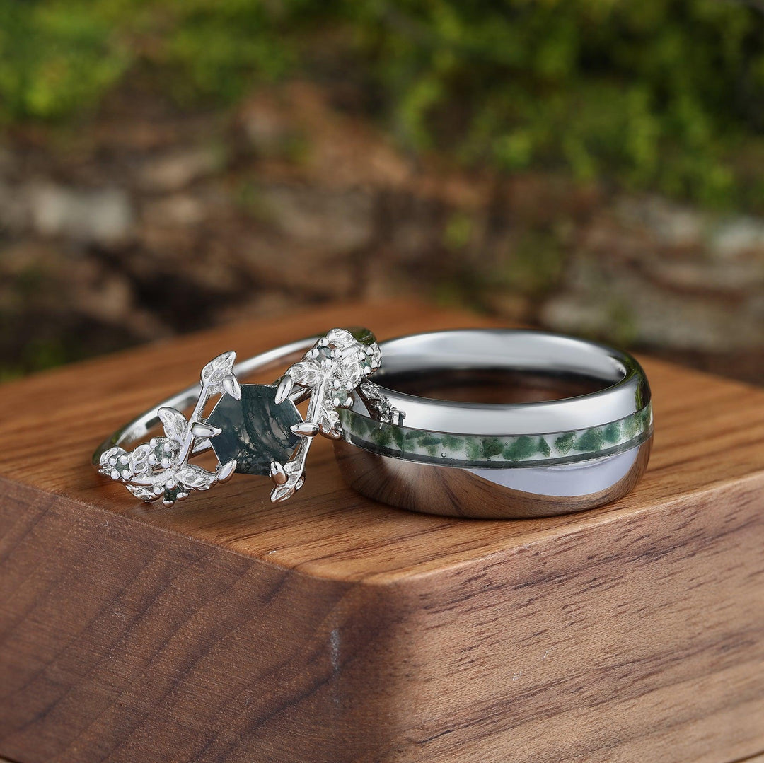 Skye Kite Green Moss Agate Leaf Couples Ring Set His and Hers Wedding Band 925 Sterling Silver - Esdomera